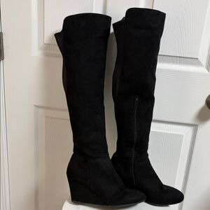 Black Wedge Knee-High Boots